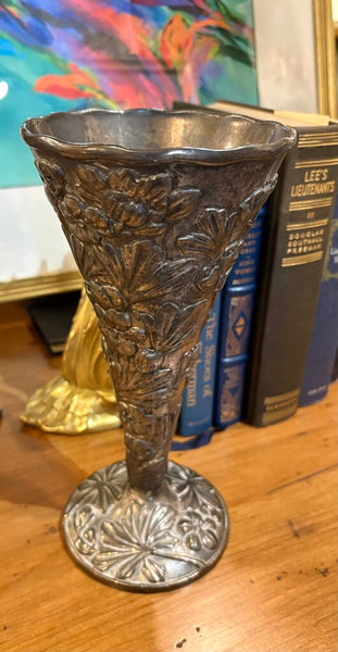 VINTAGE SILVER PLATE VASE ADORNED WITH RAISED FLORALS AND A SCALLOPED TOP | 10"H X 5"W