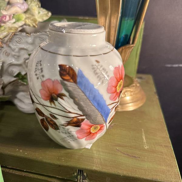Vintage Porcelain Urn with Lid Floral Feathers 5"