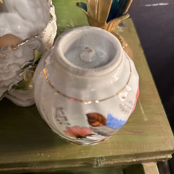 Vintage Porcelain Urn with Lid Floral Feathers 5"