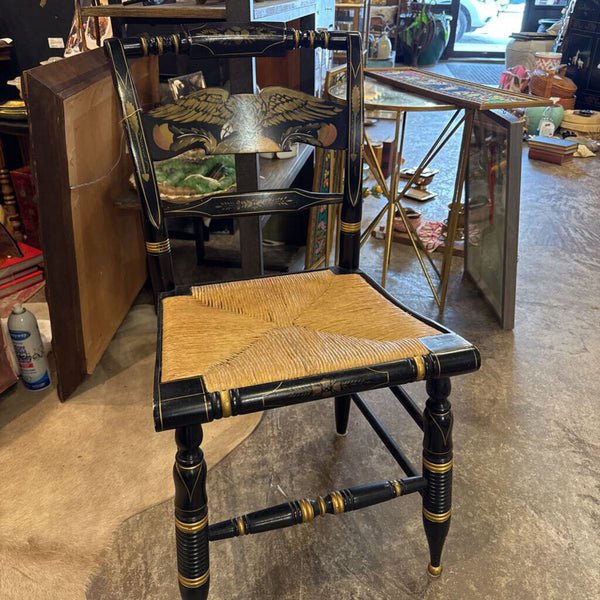 Ethan Allen Hitchcock Style Hand Painted Eagle Side Chair Black Gold Rush seat