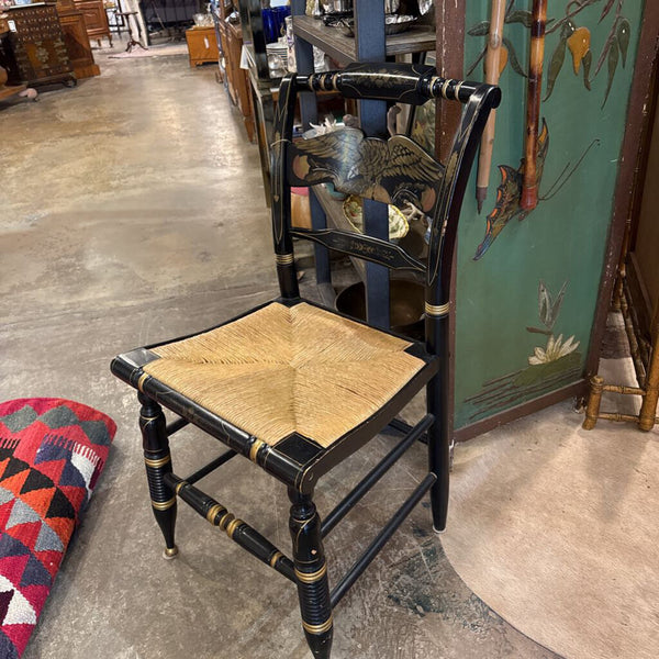 Ethan Allen Hitchcock Style Hand Painted Eagle Side Chair Black Gold Rush seat