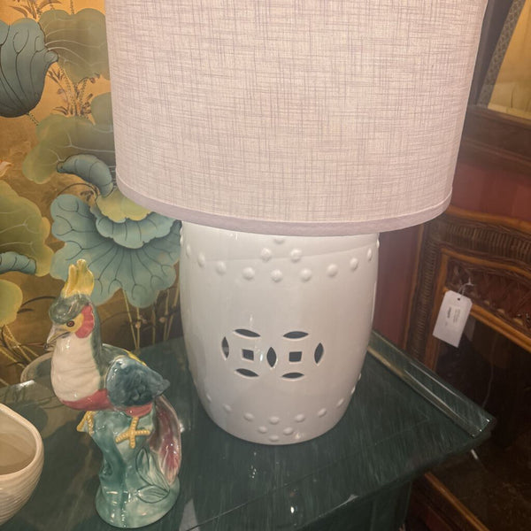 Set of White Garden stool DOUBLE HAPPINESS pattern llamps with shades - shades as found 26 inches to top of finial