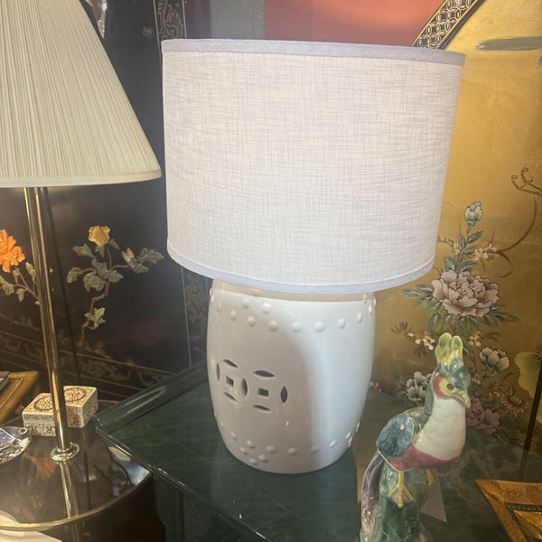 Set of White Garden stool DOUBLE HAPPINESS pattern llamps with shades - shades as found 26 inches to top of finial