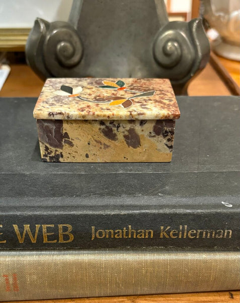 VINTAGE STONE TRINKET BOX WITH INLAID FLORALS DONE IN MOTHER OF PEARL AND OTHER STONES | 3.25"W X 1.25"H