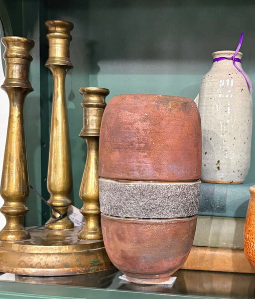 VINTAGE POTTERY VASE WITH BRASS TRIM | 7.5"H