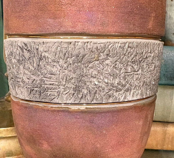 VINTAGE POTTERY VASE WITH BRASS TRIM | 7.5"H