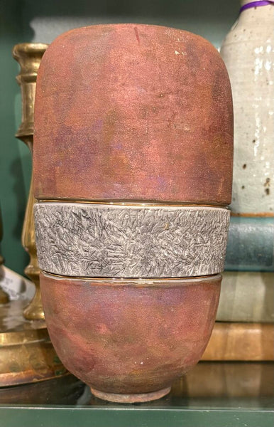 VINTAGE POTTERY VASE WITH BRASS TRIM | 7.5"H