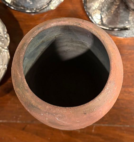 VINTAGE POTTERY VASE WITH BRASS TRIM | 7.5"H