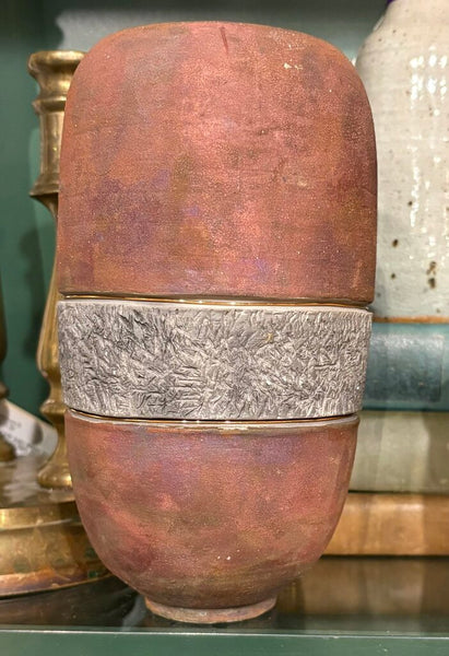 VINTAGE POTTERY VASE WITH BRASS TRIM | 7.5"H