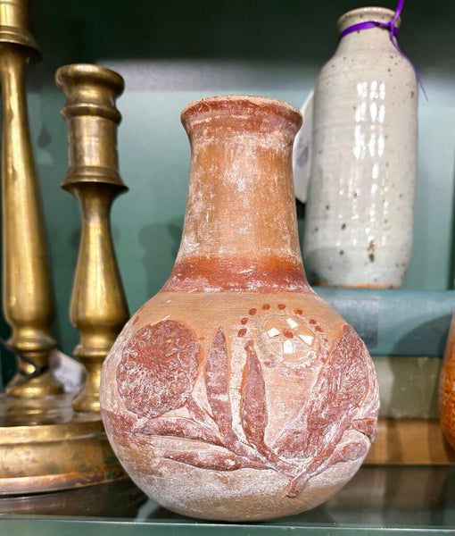 VINTAGE SIGNED TERRA COTTA POTTERY VASE WITH CARVED FLORAL MOTIF | 6.75"H X 4.5"W