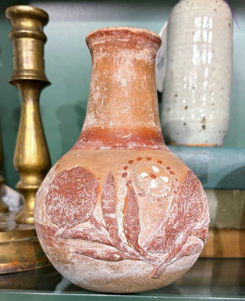 VINTAGE SIGNED TERRA COTTA POTTERY VASE WITH CARVED FLORAL MOTIF | 6.75"H X 4.5"W