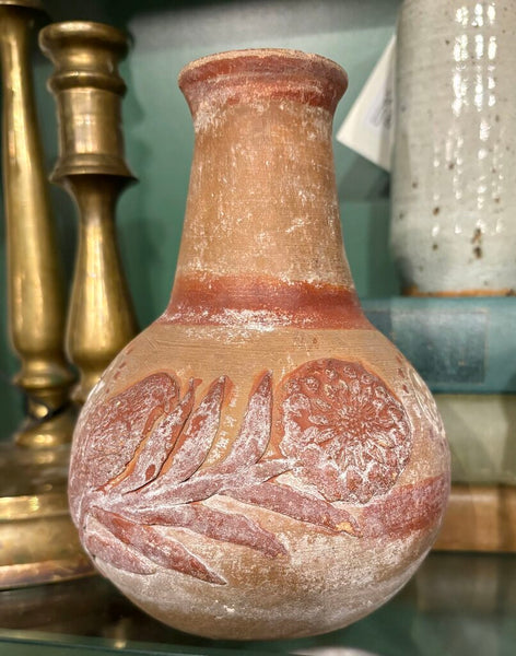 VINTAGE SIGNED TERRA COTTA POTTERY VASE WITH CARVED FLORAL MOTIF | 6.75"H X 4.5"W