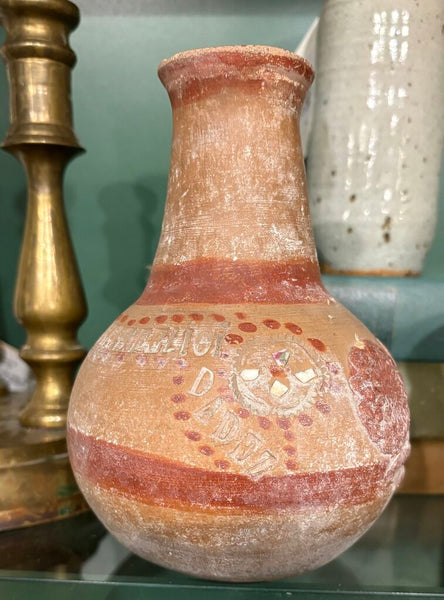 VINTAGE SIGNED TERRA COTTA POTTERY VASE WITH CARVED FLORAL MOTIF | 6.75"H X 4.5"W