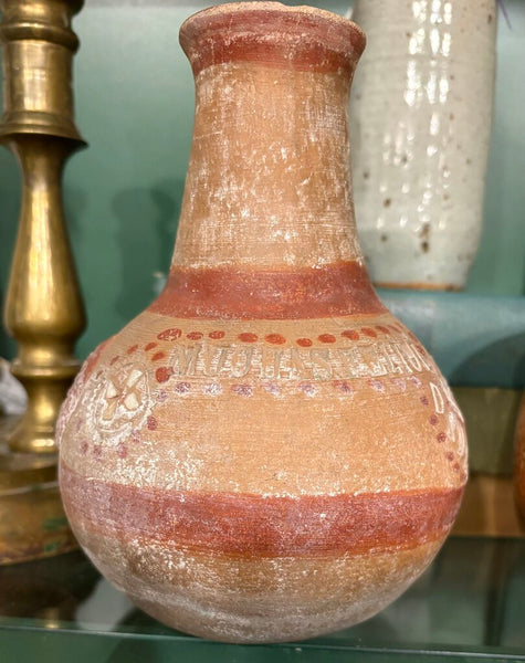 VINTAGE SIGNED TERRA COTTA POTTERY VASE WITH CARVED FLORAL MOTIF | 6.75"H X 4.5"W