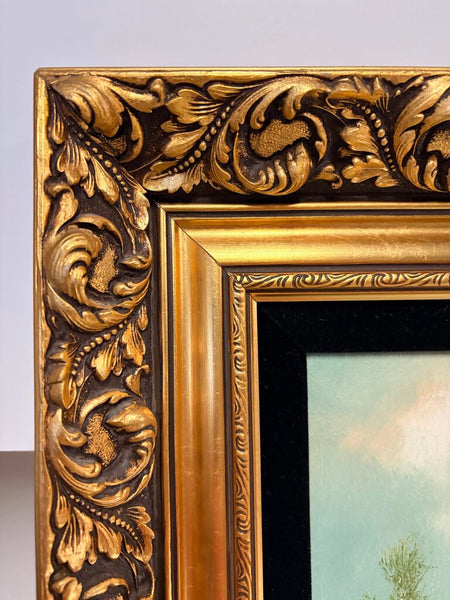 Scenic cabin oil painting in gorgeous gold guild frame by H Ross approx 26x19