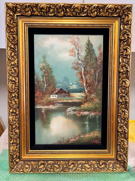 Scenic cabin oil painting in gorgeous gold guild frame by H Ross approx 26x19
