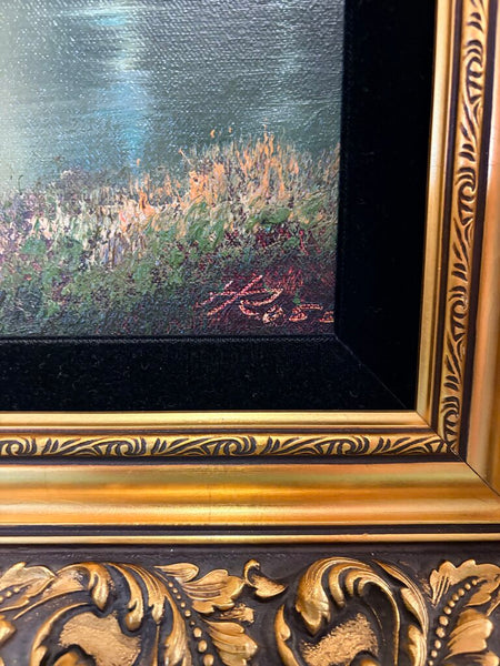 Scenic cabin oil painting in gorgeous gold guild frame by H Ross approx 26x19
