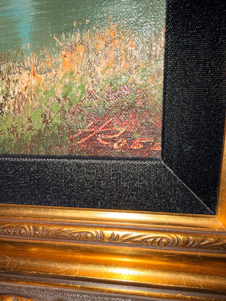 Scenic cabin oil painting in gorgeous gold guild frame by H Ross approx 26x19