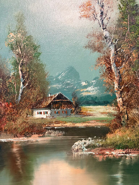 Scenic cabin oil painting in gorgeous gold guild frame by H Ross approx 26x19