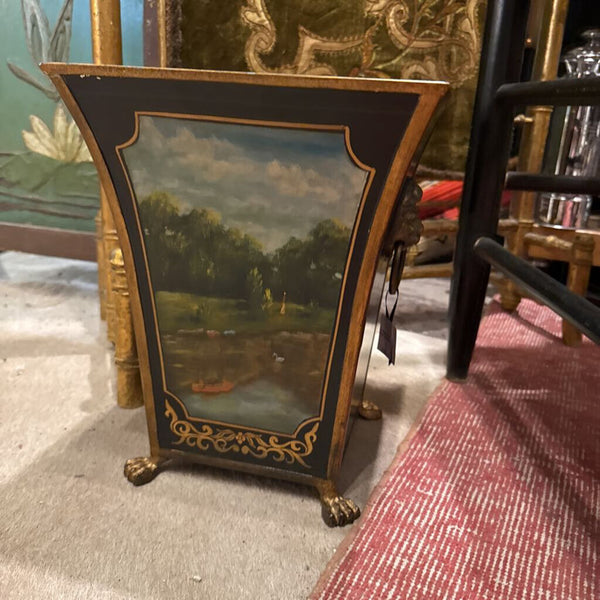 Black Tole Chinoiserie Cache Pot with Landscape Painting Lionhead Handles and Feet