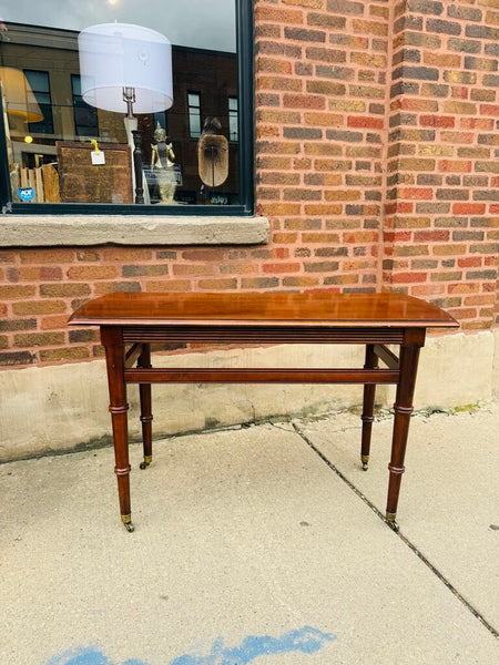 Vintage Ethan Allen Walnut Console Table on Casters Faux Bamboo Shaped Lwgs 46W 19D 28T