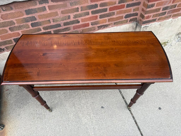 Vintage Ethan Allen Walnut Console Table on Casters Faux Bamboo Shaped Lwgs 46W 19D 28T