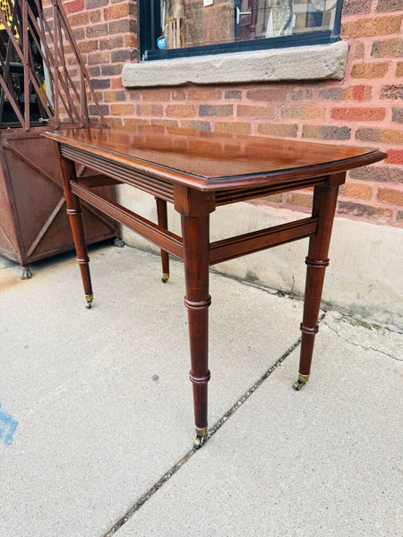 Vintage Ethan Allen Walnut Console Table on Casters Faux Bamboo Shaped Lwgs 46W 19D 28T