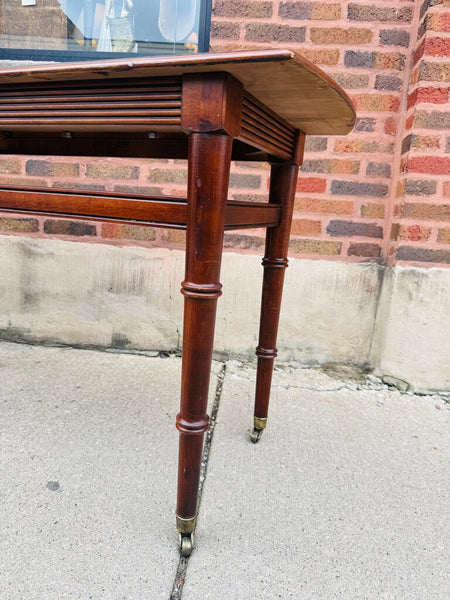 Vintage Ethan Allen Walnut Console Table on Casters Faux Bamboo Shaped Lwgs 46W 19D 28T