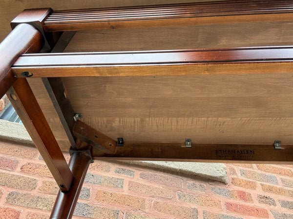 Vintage Ethan Allen Walnut Console Table on Casters Faux Bamboo Shaped Lwgs 46W 19D 28T