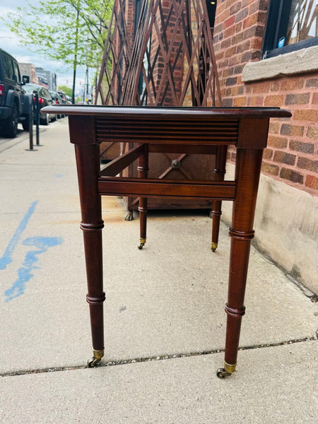 Vintage Ethan Allen Walnut Console Table on Casters Faux Bamboo Shaped Lwgs 46W 19D 28T