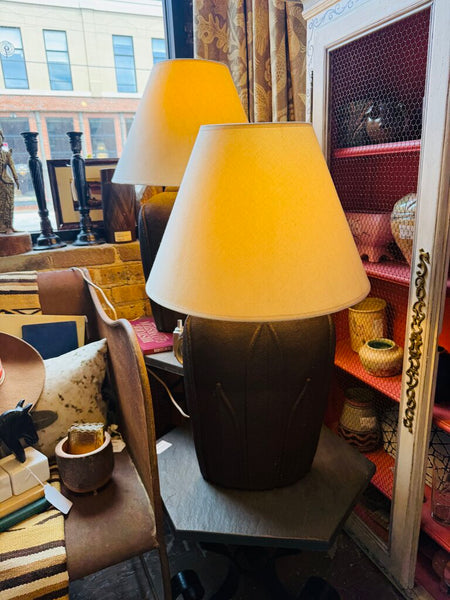 Pair Brown Ceramic Vintage Lamps with Shades