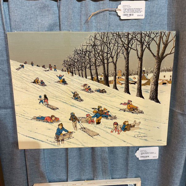 Canvas Painting of Children Sledding Signed H. Hangrove 16" x12"