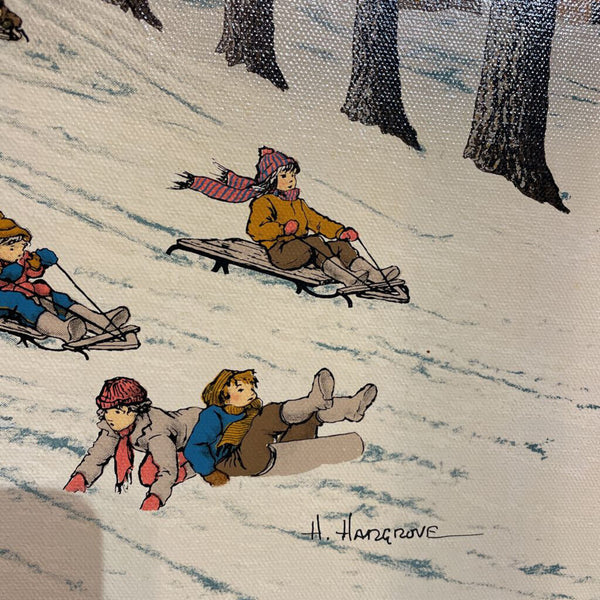 Canvas Painting of Children Sledding Signed H. Hangrove 16" x12"