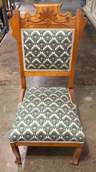 ANTIQUE VICTORIAN EASTLAKE STYLE CARVED WOOD UPHOLSTERED CHAIR | 37.5"H X 18"W X 17.5"D