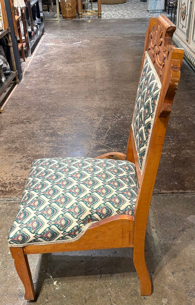 ANTIQUE VICTORIAN EASTLAKE STYLE CARVED WOOD UPHOLSTERED CHAIR | 37.5"H X 18"W X 17.5"D