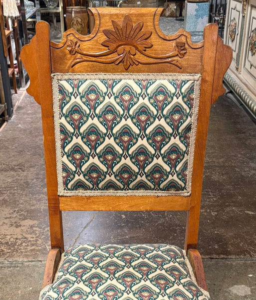 ANTIQUE VICTORIAN EASTLAKE STYLE CARVED WOOD UPHOLSTERED CHAIR | 37.5"H X 18"W X 17.5"D