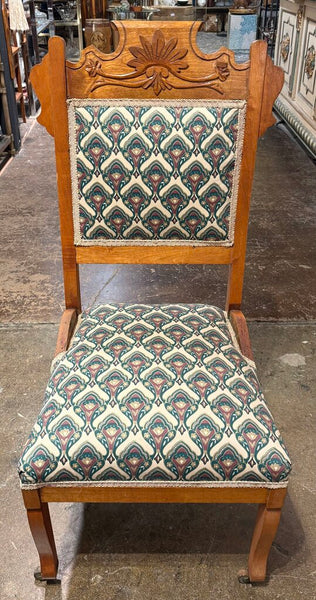 ANTIQUE VICTORIAN EASTLAKE STYLE CARVED WOOD UPHOLSTERED CHAIR | 37.5"H X 18"W X 17.5"D