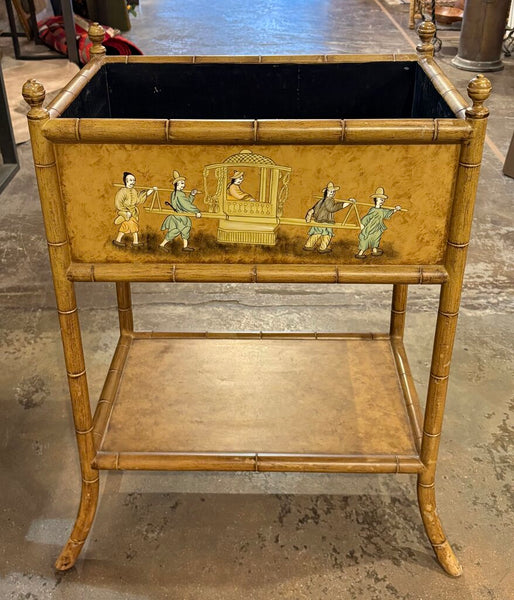 VINTAGE CHINOISERIE FAUX BAMBOO WOODEN PLANTER WITH BRASS HARDWARE | 30.25"H X 21"W X 14.25"D