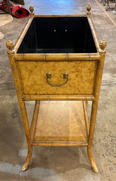 VINTAGE CHINOISERIE FAUX BAMBOO WOODEN PLANTER WITH BRASS HARDWARE | 30.25"H X 21"W X 14.25"D