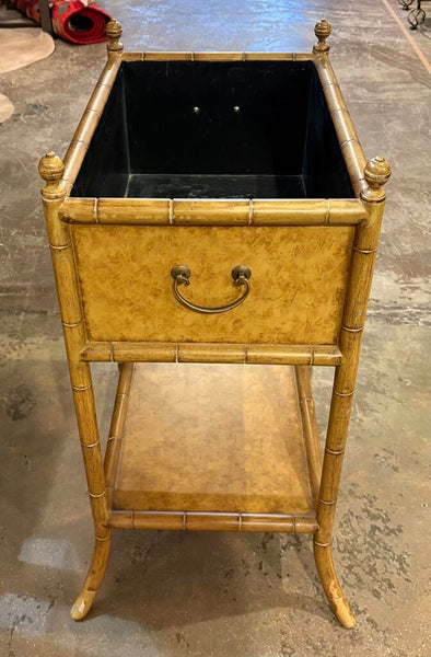 VINTAGE CHINOISERIE FAUX BAMBOO WOODEN PLANTER WITH BRASS HARDWARE | 30.25"H X 21"W X 14.25"D