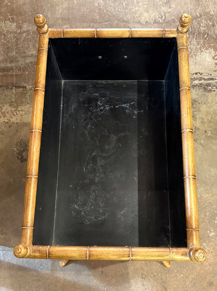 VINTAGE CHINOISERIE FAUX BAMBOO WOODEN PLANTER WITH BRASS HARDWARE | 30.25"H X 21"W X 14.25"D