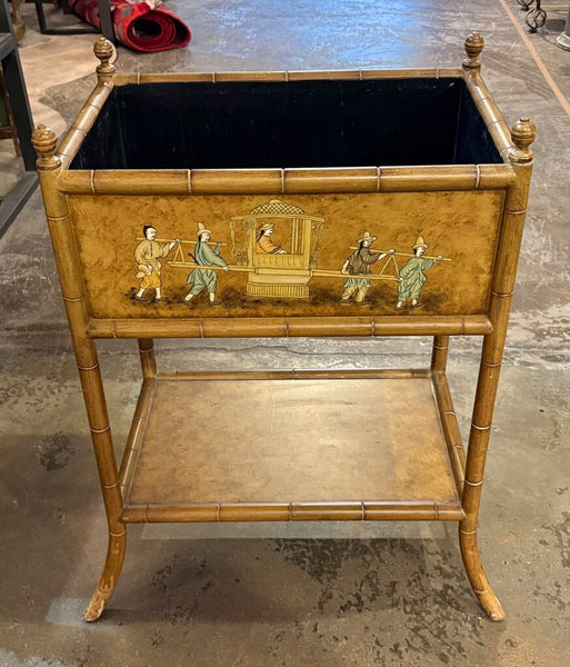 VINTAGE CHINOISERIE FAUX BAMBOO WOODEN PLANTER WITH BRASS HARDWARE | 30.25"H X 21"W X 14.25"D
