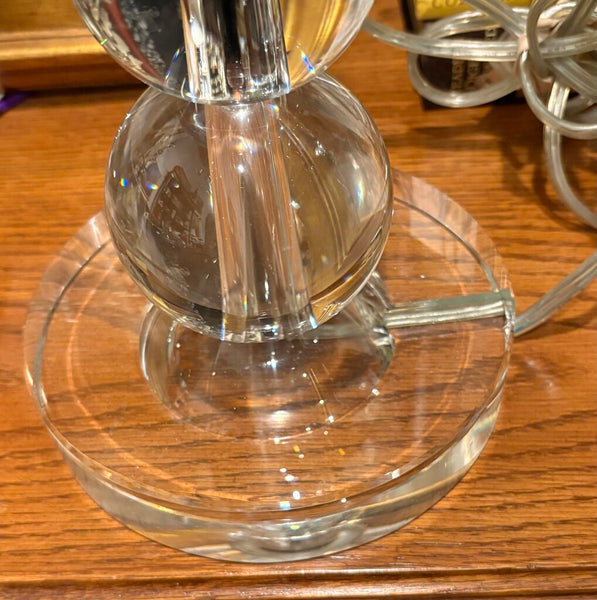 STACKED CRYSTAL ORBS LAMP WITH LUCITE BASE IN WORKING ORDER W/HARP & FINIAL | 20.5"H (FINIAL) X 15.25"H (SOCKET) X 6"W