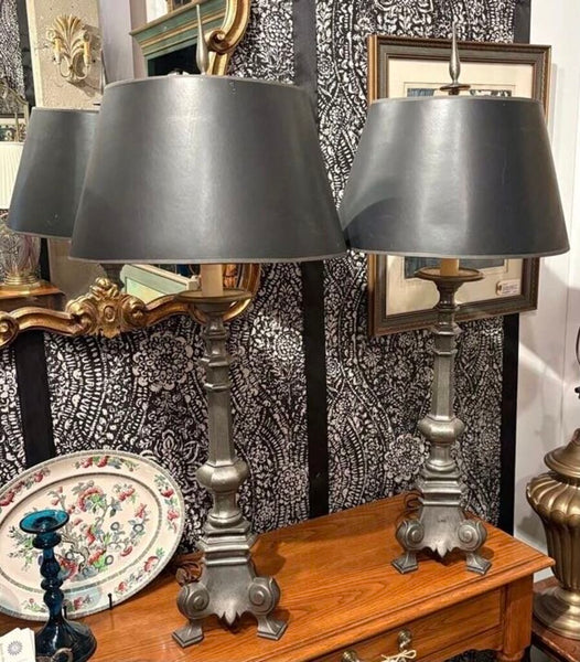 VINTAGE PEWTER LAMP W/SHADE & PEWTER FINIAL - EACH | 38"H (FINIAL) x 7"W (BASE0