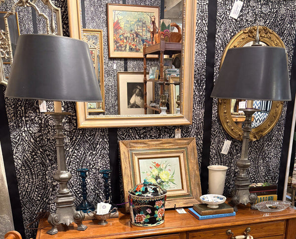 VINTAGE PEWTER LAMP W/SHADE & PEWTER FINIAL - EACH | 38"H (FINIAL) x 7"W (BASE0