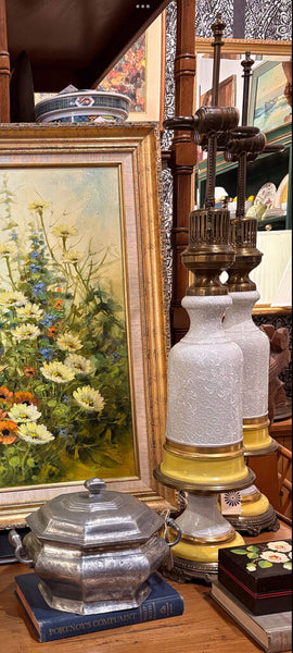 CERAMIC & ORNATE BRASS VINTAGE LAMP ATTRIBUTED TO STIFFEL - EACH | 33.25"H X 6.5"W