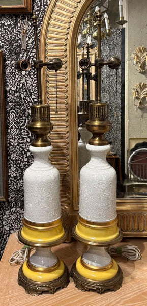 CERAMIC & ORNATE BRASS VINTAGE LAMP ATTRIBUTED TO STIFFEL - EACH | 33.25"H X 6.5"W