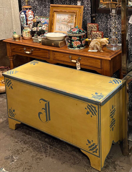 1970s HAND CRAFTED PAINTED WOOD STORAGE TRUNK CHEST WITH PRETTY PAPERED INTERIOR| 41.75"W x 22.5"H x 16.5"D