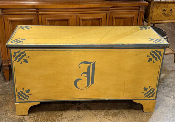 1970s HAND CRAFTED PAINTED WOOD STORAGE TRUNK CHEST WITH PRETTY PAPERED INTERIOR| 41.75"W x 22.5"H x 16.5"D