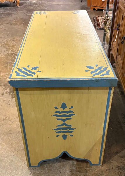 1970s HAND CRAFTED PAINTED WOOD STORAGE TRUNK CHEST WITH PRETTY PAPERED INTERIOR| 41.75"W x 22.5"H x 16.5"D